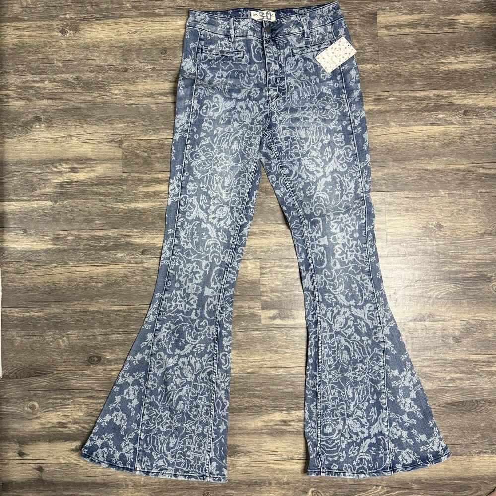 Free People Bell Bottom Jeans Size 30 Floral Paisley Boho Y2K Festival Coquette
